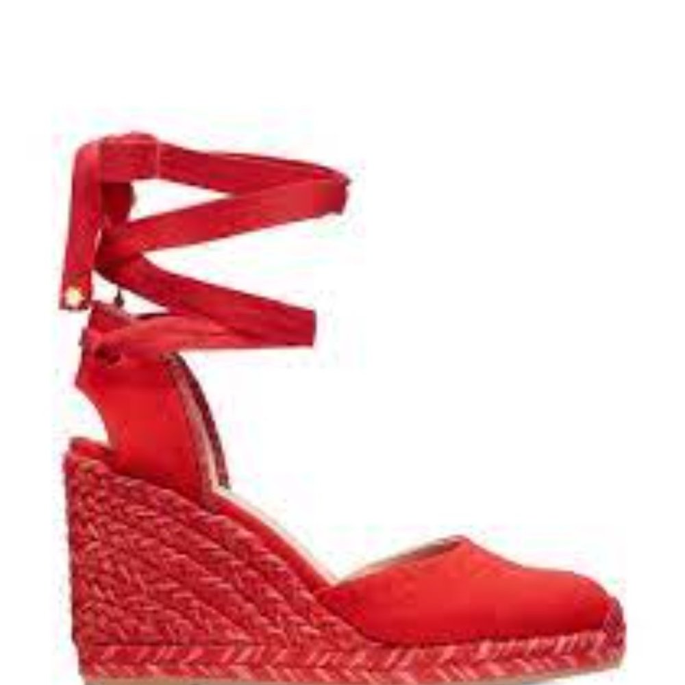 Stuart Weitzman “Marguerita Ruby Red Espadrille Wedge”